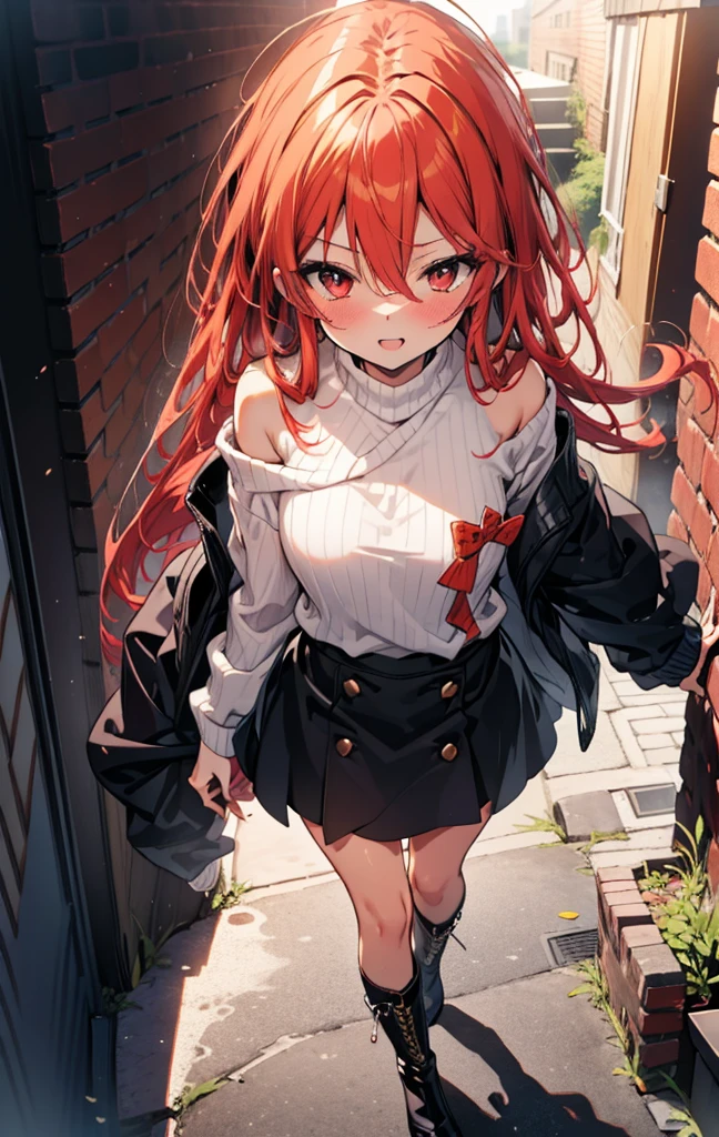 Shana,灼眼のShana,Long Hair, Redhead, Red eyes,Ahoge,happy smile, smile, Open your mouth,Oversized red one-shoulder sweater,black long skirt,short boots,Daytime,sunny,Walking,whole bodyがイラストに入るように, break outdoors, construction area, break looking at viewer, whole body, break (masterpiece:1.2), Highest quality, High resolution, unity 8k wallpaper, (shape:0.8), (Beautiful attention to detail:1.6), Highly detailed face, Perfect lighting, Highly detailed CG, (Perfect hands, Perfect Anatomy),