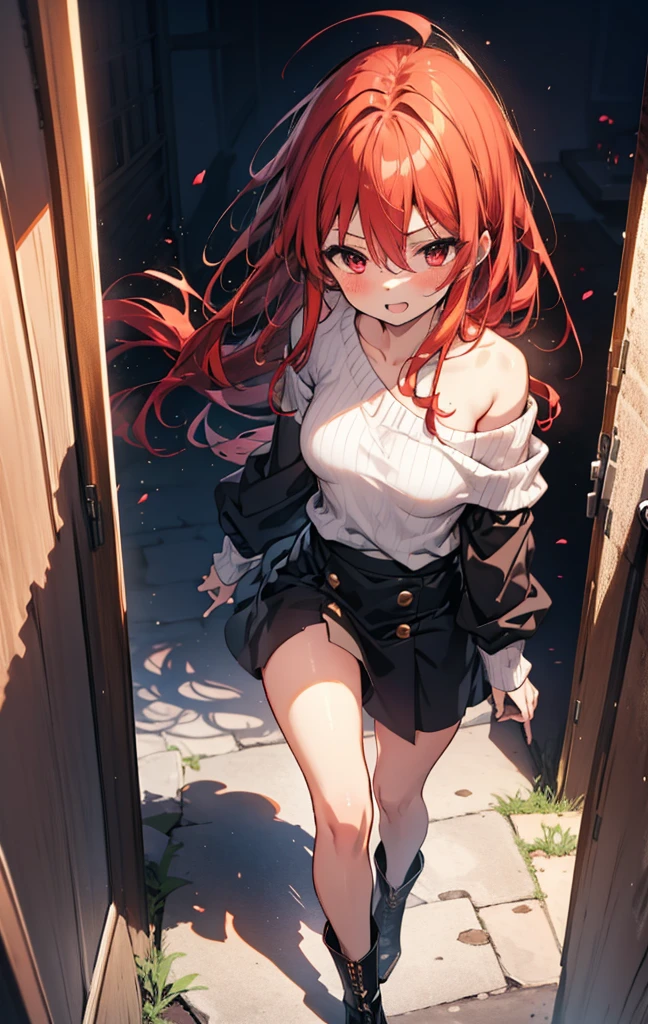 Shana,灼眼のShana,Long Hair, Redhead, Red eyes,Ahoge,happy smile, smile, Open your mouth,Oversized red one-shoulder sweater,black long skirt,short boots,Daytime,sunny,Walking,whole bodyがイラストに入るように, break outdoors, construction area, break looking at viewer, whole body, break (masterpiece:1.2), Highest quality, High resolution, unity 8k wallpaper, (shape:0.8), (Beautiful attention to detail:1.6), Highly detailed face, Perfect lighting, Highly detailed CG, (Perfect hands, Perfect Anatomy),