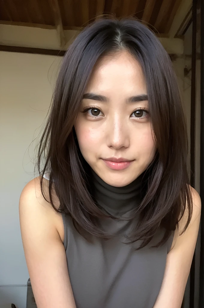 You are a professional photographer。future、Beautiful Eyes、 ((Highest quality)), Clear contours, Woman with beautiful face, (((One Girl,alone))), ((Beautiful Eyes)), Sex Appeal,Albedo and Specular Maps、Accurate simulation of lightweight material interactions、A woman taking a photo in a sleeveless turtleneck, Light Smile、perfect body,Very Short Hair,Thighs,Thighs、((Big Breasts))
