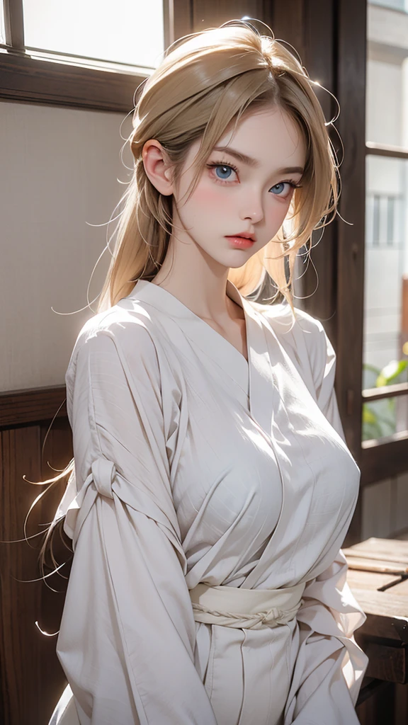 There is a stunning beauty. She is a half-French, half-Japanese woman of unparalleled beauty. Her face is incredibly beautiful, with striking blue eyes and gorgeous long, straight, blonde hair. Her facial expression is one of anger, with furrowed brows and puffed cheeks. She is dressed in a Japanese high , a sailor suit, with a white blouse as the top. The composition should only depict her from the chest up. She is facing straight ahead, crossing her arms in anger, appearing to be complaining towards us. The story is that she is in the middle of a verbal argument. The background is a school classroom. Please depict this.