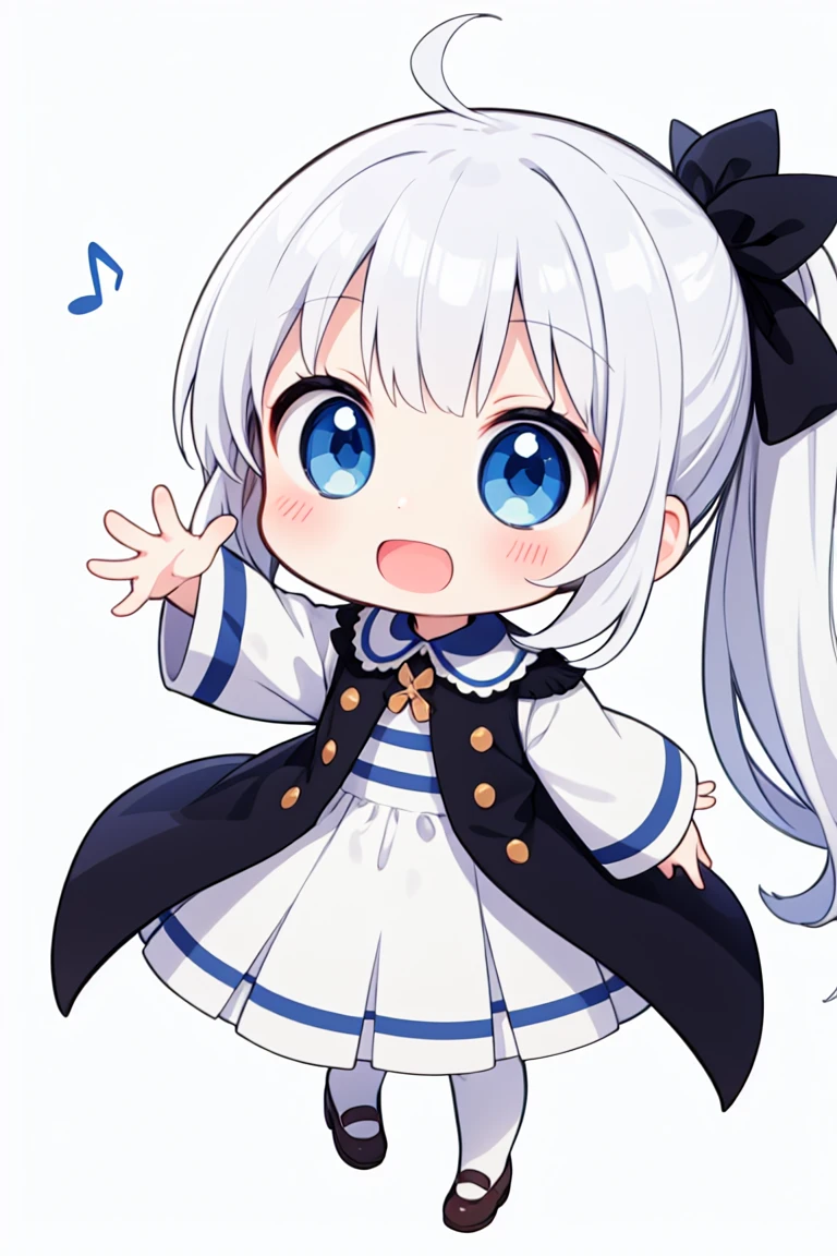 chibi, flat color, solo, full body, cute, (highest quality), blue eye, long hair, white hair, white clothes, side ponytail, Beam with laughter, open mouth, ((white background)), (masterpiece)