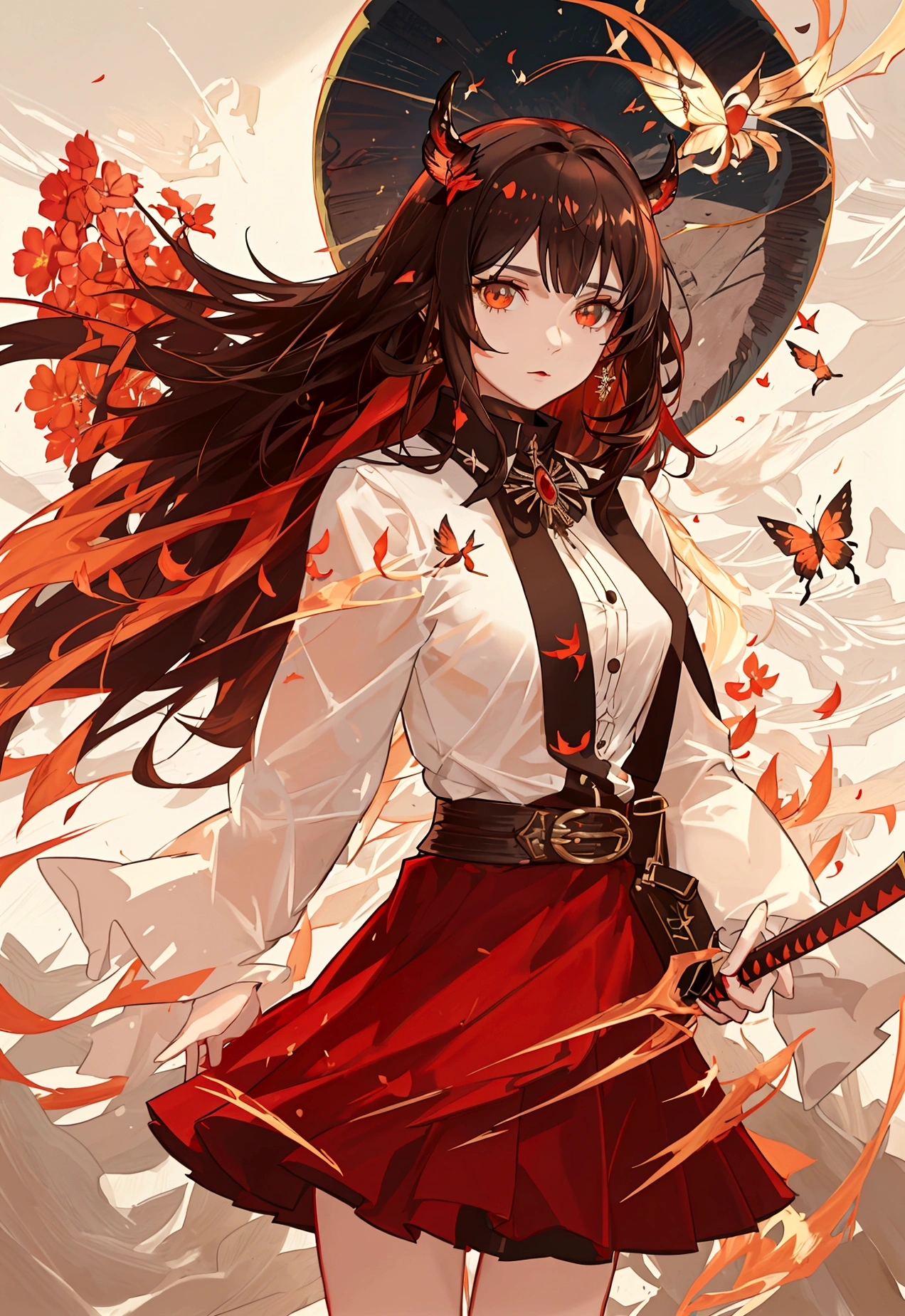 a beautiful brunette girl, face perfect, work of art, ultra high resolution, high qualiy, 4K, olhos rots como fogo, cabelos rots escuro, rot, red butterfly, Buffalo, sharp sword, Tuuli, wind, rot, red long circle skirt, 