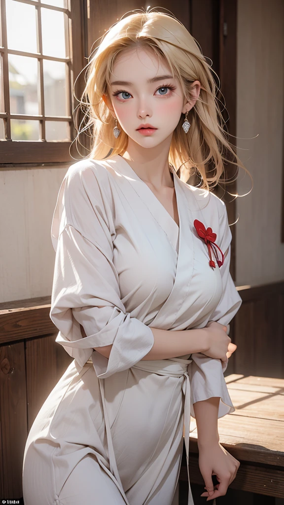 There is a stunning beauty. She is a half-French, half-Japanese woman of unparalleled beauty. Her face is incredibly beautiful, with striking blue eyes and gorgeous long, straight, blonde hair. Her facial expression is one of anger, with furrowed brows and puffed cheeks. She is dressed in a Japanese high , a sailor suit, with a white blouse as the top. The composition should only depict her from the chest up. She is facing straight ahead, crossing her arms in anger, appearing to be complaining towards us. The story is that she is in the middle of a verbal argument. The background is a school classroom. Please depict this.