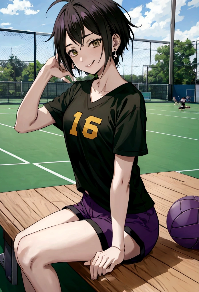 Haikyuu anime screenshot. short hair girl, messy with messy bangs, green eyes, with earrings in the left ear,pale skin, , dressed in a black t-shirt and shorts with purple details, sitting on a bench smiling and cheering. On a volleyball court, in a match.