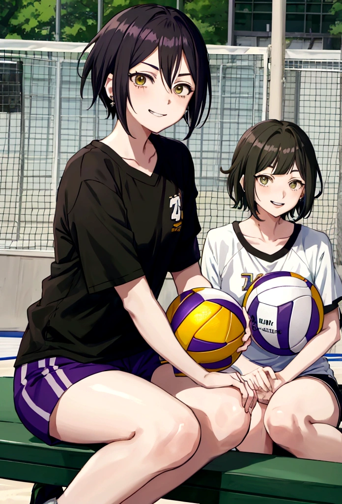 Haikyuu anime screenshot. short hair girl, messy with messy bangs, green eyes, with earrings in the left ear,pale skin, 16 years, dressed in a black t-shirt and shorts with purple details, sitting on a bench smiling and cheering. On a volleyball court, in a match.