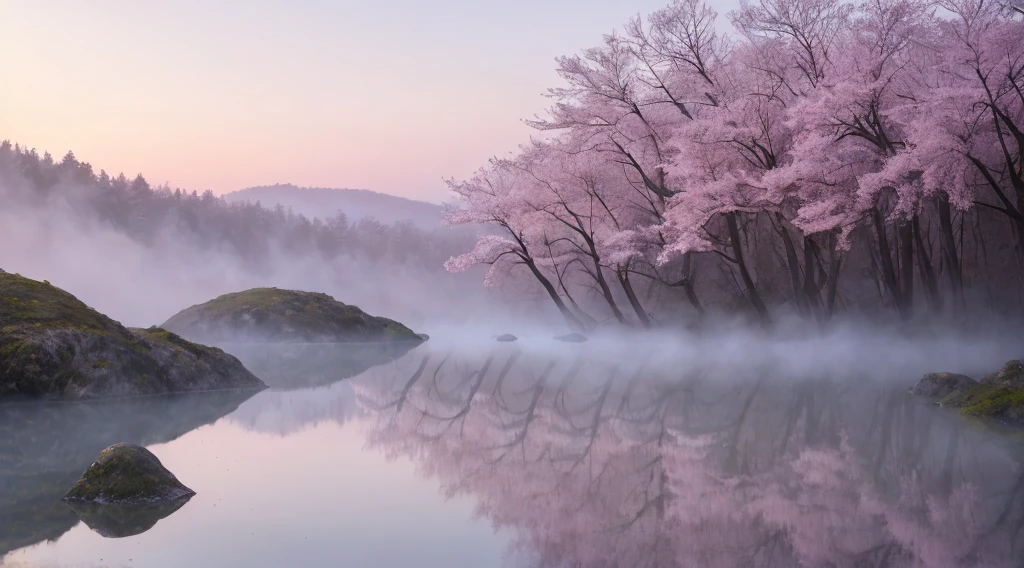 masterpiece of materpieces, PHOTOREALITIC, DENSE MIST. Smokey skies cast eerie light in the Anthropocene on a lake surrounded by cherry blossom trees, rocks on lake, snow falling, pink rose mini flowers covered in snow in enchanted forest, heavy mist and fog over the lake, fairy tale vibes, petals floating, dreamy looking, Sun burning like fire. Stars on the sky. Field filled with white flowers. PHOTOREALISTIC and cinematic. Nikon Z9