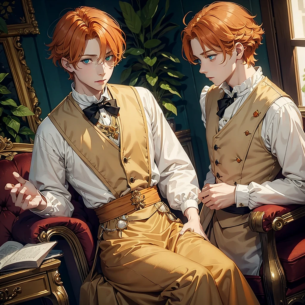 One fantasy prince orange hair and victorian beige clothes green eyes delicate
