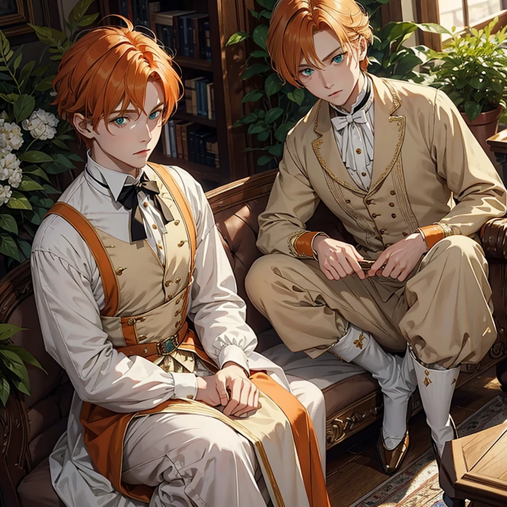 One fantasy prince orange hair and victorian beige clothes green eyes delicate 