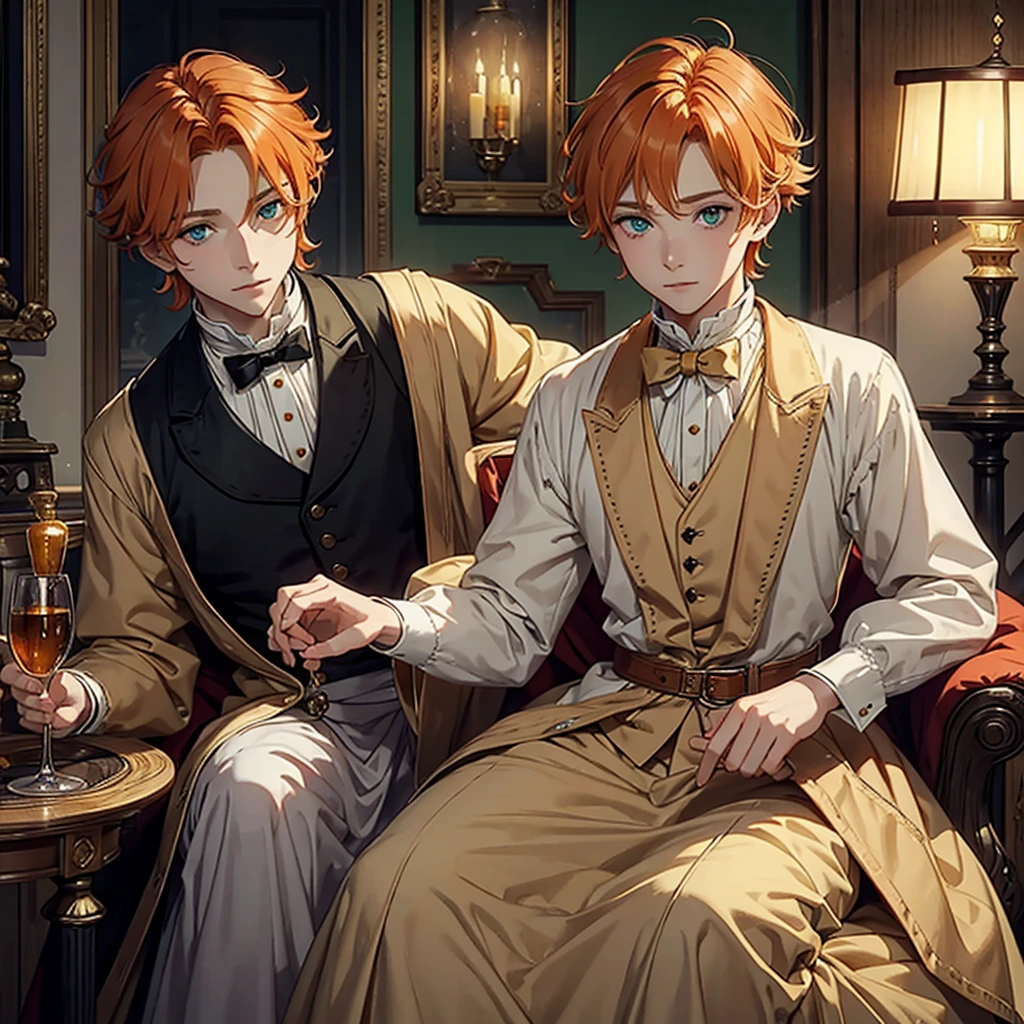 One fantasy prince orange hair and victorian beige clothes green eyes delicate