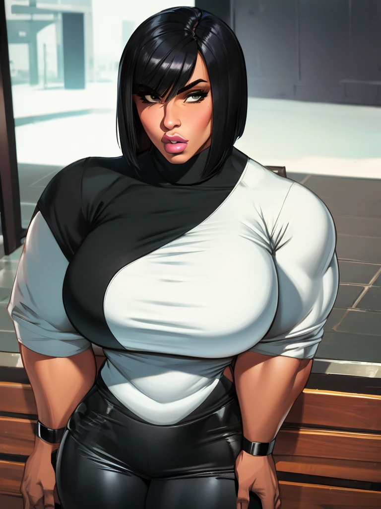 33 yo arabic perfect woman on steroids, large silicon lips, huge full lips with oversized fillers, huge bulging muscular body, massive quads & traps, massive female bodybuilder with hypermuscular bulging body, veiny vascular, short straight black bob haircut, hypermuscular steel-hard body, wearing trousers and tight white turtleneck sweater