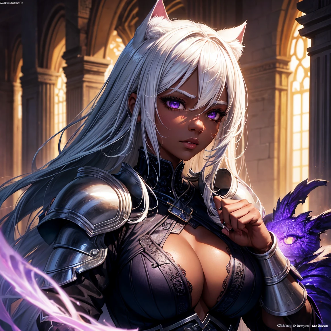 a woman, 1girl, neko, white hair, cat ear, big breasts, purple eyes!!!, dark skin, serious face, sexy full armor, sunny, medieval castle town, very sexy body, detailed face, beautiful detailed eyes, beautiful detailed lips, extremely detailed eyes and face, long eyelashes, detailed clothing, intricate details, highly detailed, photo realistic, 8k, best quality, masterpiece, cinematic lighting, dramatic lighting, vibrant colors, fantasy, digital art, concept art