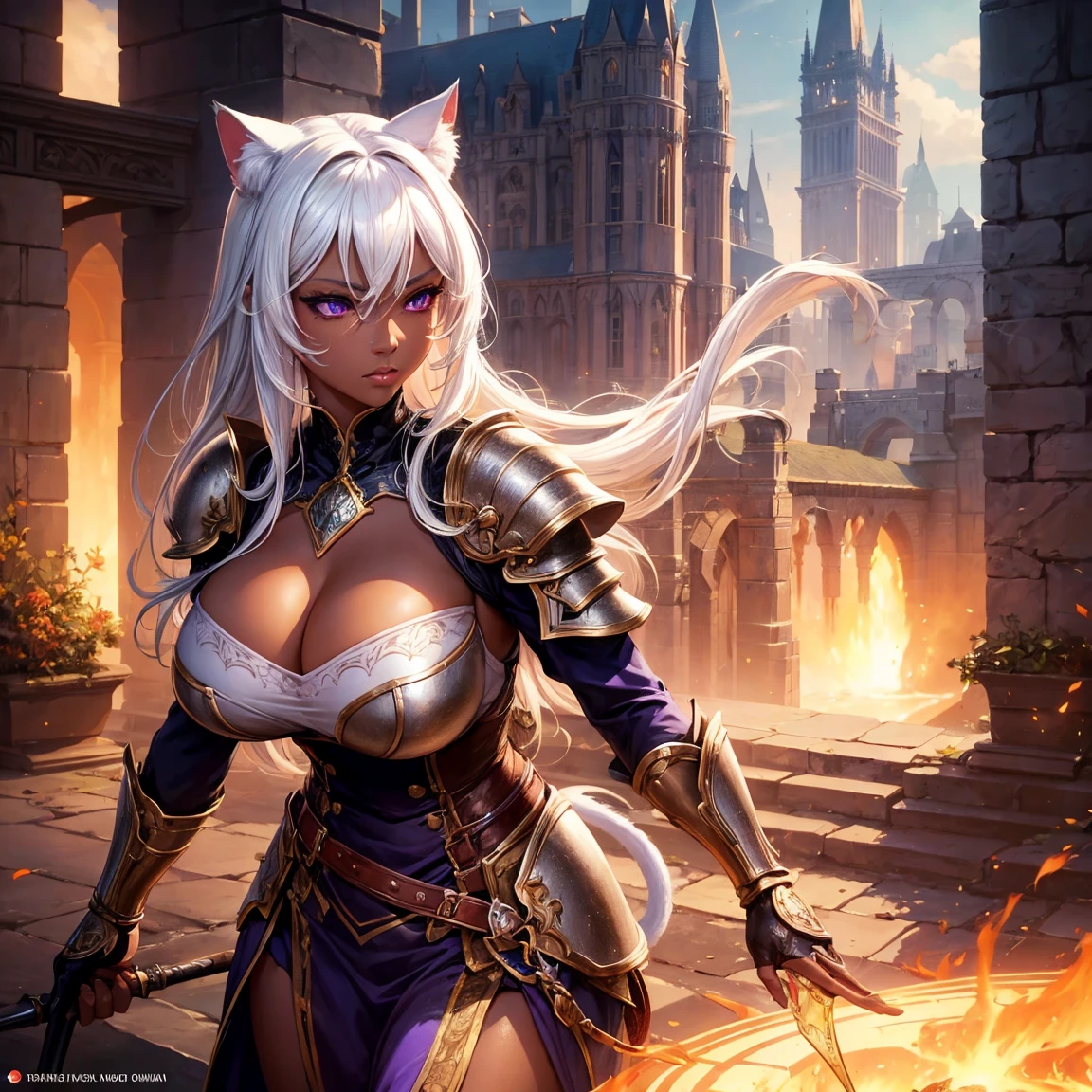 a woman, 1girl, neko, white hair, cat ear, big breasts, purple eyes!!!, dark skin, serious face, sexy full armor, sunny, medieval castle town, very sexy body, detailed face, beautiful detailed eyes, beautiful detailed lips, extremely detailed eyes and face, long eyelashes, detailed clothing, intricate details, highly detailed, photo realistic, 8k, best quality, masterpiece, cinematic lighting, dramatic lighting, vibrant colors, fantasy, digital art, concept art