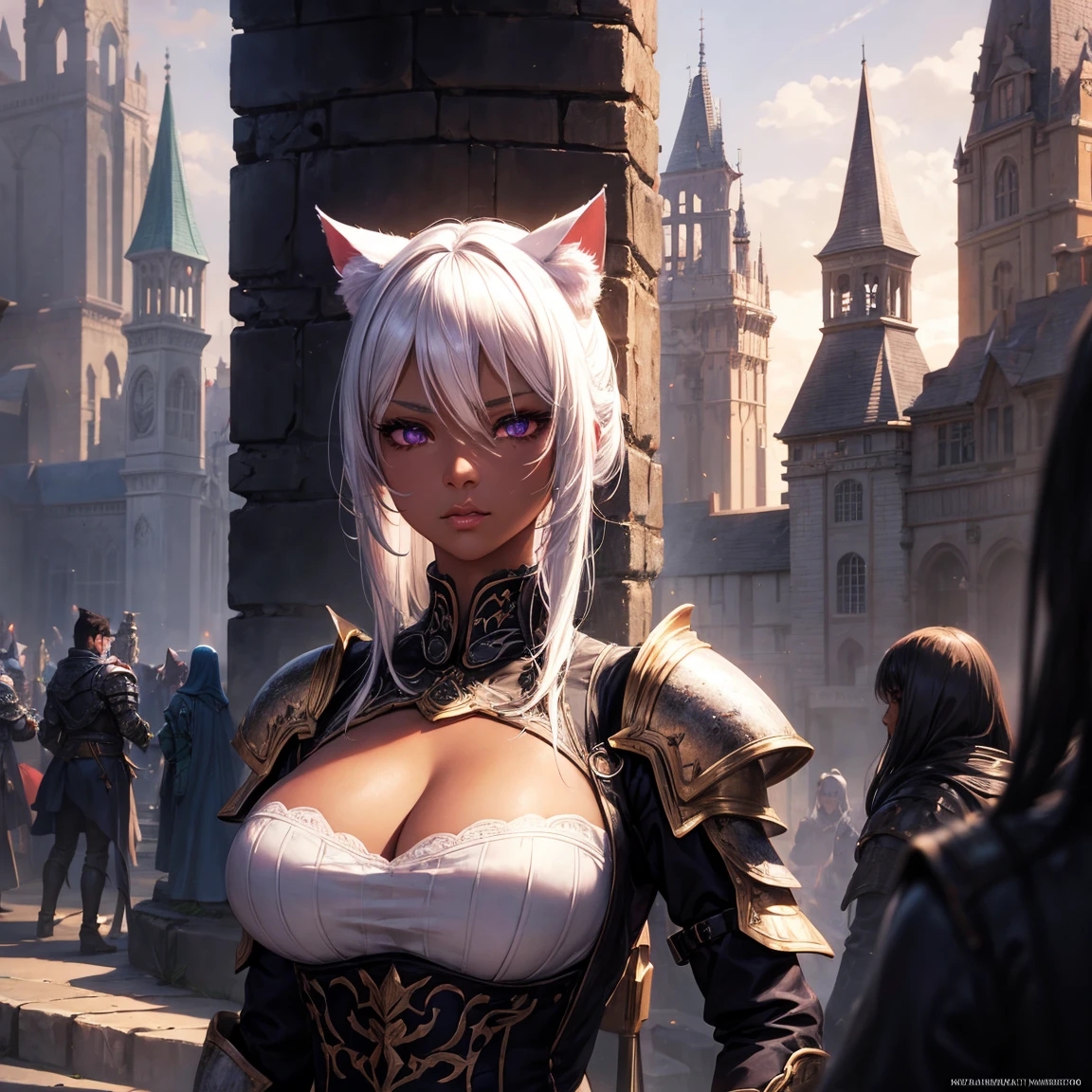 a woman, 1girl, neko, white hair, cat ear, big breasts, purple eyes!!!, dark skin, serious face, sexy full armor, sunny, medieval castle town, very sexy body, detailed face, beautiful detailed eyes, beautiful detailed lips, extremely detailed eyes and face, long eyelashes, detailed clothing, intricate details, highly detailed, photo realistic, 8k, best quality, masterpiece, cinematic lighting, dramatic lighting, vibrant colors, fantasy, digital art, concept art