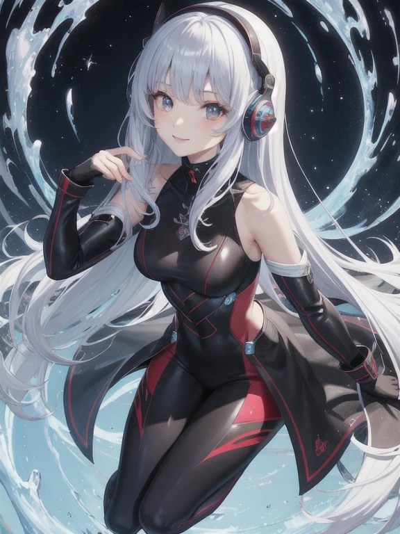 ultra detailed、illustrated anime、2D beautiful girl、premium、Superior image quality、masterpiece、超High resolution、android beautiful girl、sixteen years, Bright red cyber suit, black headphones、long silver hair,Blue eyes、a thin、The face is represented in detail.、The eyes are very detailed.、Clothing is also represented in detail.、high quality、Beautiful art、fantastic universe、smile kindly、Elaborate design、soy、Gentlemen、and souls、lightning、full body front