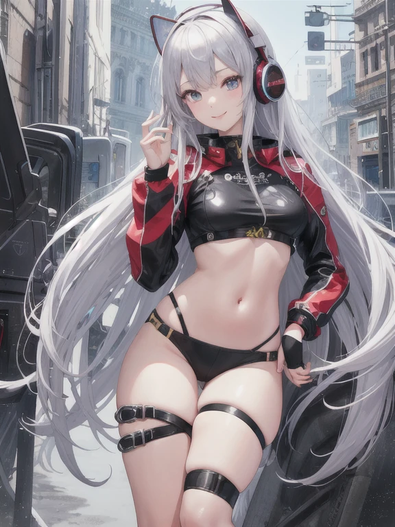 ultra detailed、illustrated anime、2D beautiful girl、premium、Superior image quality、masterpiece、超High resolution、android beautiful girl、sixteen years, Bright red cyber suit, black headphones、long silver hair,Blue eyes、a thin、The face is represented in detail.、The eyes are very detailed.、Clothing is also represented in detail.、high quality、Beautiful art、fantastic universe、smile kindly、Elaborate design、soy、Gentlemen、and souls、lightning、full body front