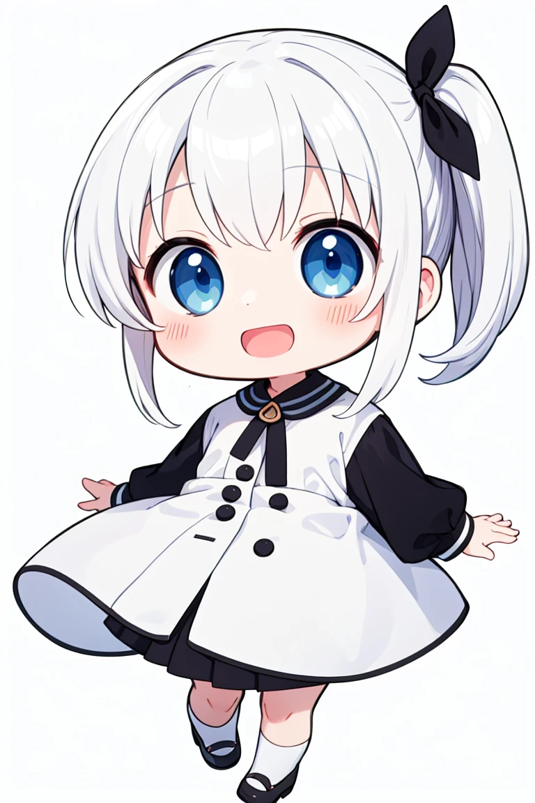 chibi, flat color, solo, full body, cute, (highest quality), blue eye, long hair, white hair, white clothes, side ponytail, Beam with laughter, open mouth, ((white background)), (masterpiece)