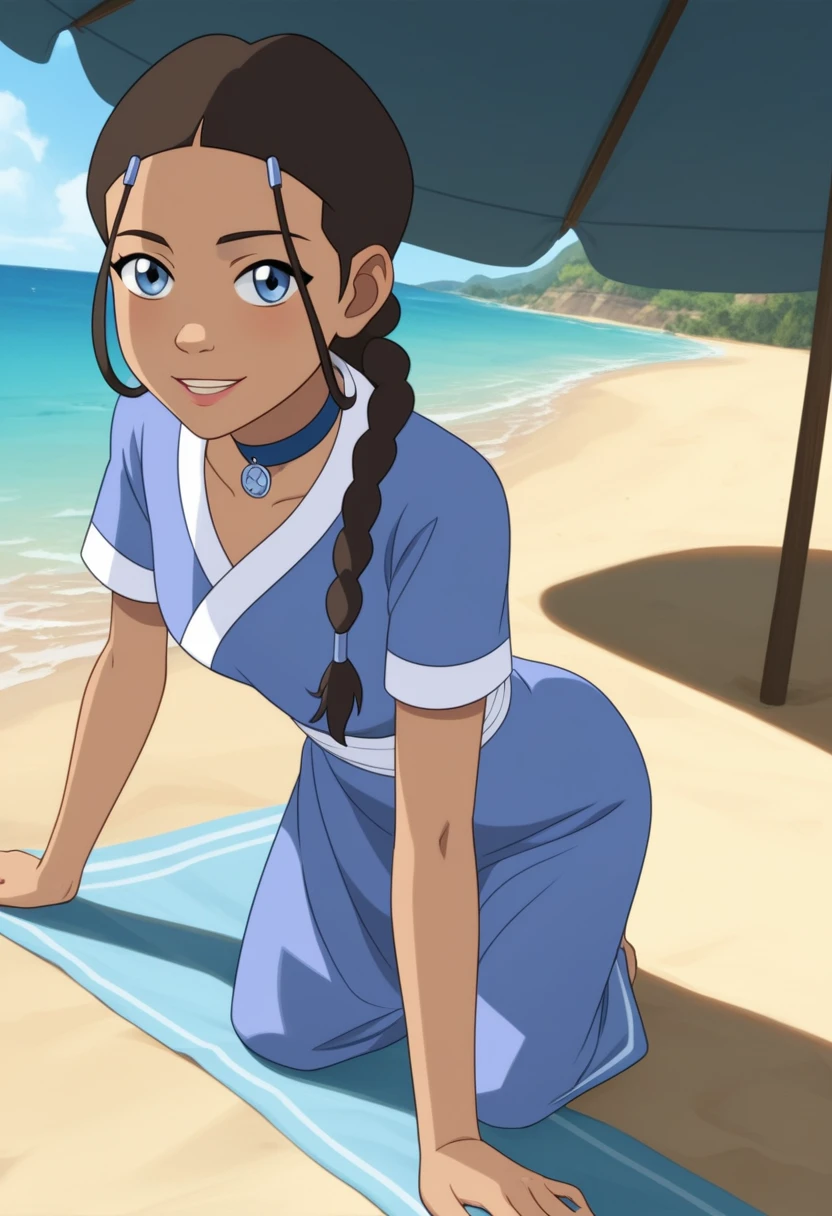 score_9_up, score_8_up, score_7_up, 1girl, solo, mature female, ((Katara)), Latin skin color, brown braided hair, blue eyes, pink lips, parted lips, fit slim body, ((perfect medium erected breast)), (((blue beach tunic, blue choker))), (((Iceland beach))), perfect model body, wide hips, naughty smile, standing on all fours and showing her ass, pulled up tunic,((( blue transparent underpants))), (((from behind))), seductive pose