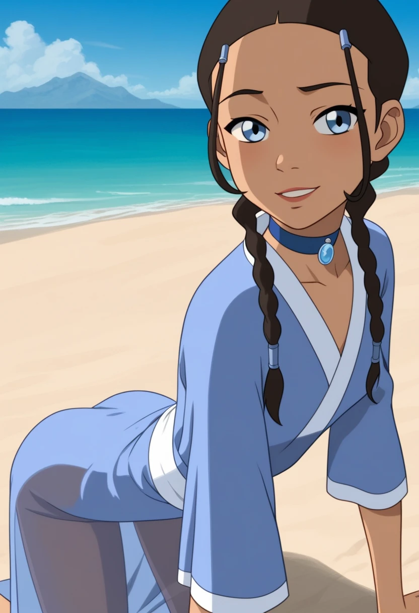 score_9_up, score_8_up, score_7_up, 1girl, solo, mature female, ((Katara)), Latin skin color, brown braided hair, blue eyes, pink lips, parted lips, fit slim body, ((perfect medium erected breast)), (((blue beach tunic, blue choker))), (((Iceland beach))), perfect model body, wide hips, naughty smile, standing on all fours and showing her ass, pulled up tunic,((( blue transparent underpants))), (((from behind))), seductive pose