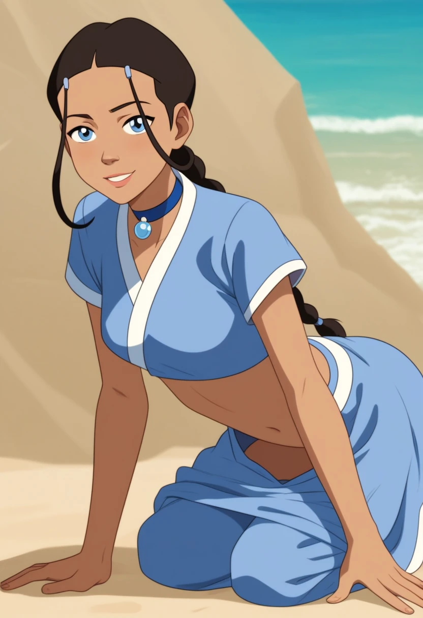 score_9_up, score_8_up, score_7_up, 1girl, solo, mature female, ((Katara)), Latin skin color, brown braided hair, blue eyes, pink lips, parted lips, fit slim body, ((perfect medium erected breast)), (((blue beach tunic, blue choker))), (((Iceland beach))), perfect model body, wide hips, naughty smile, standing on all fours and showing her ass, pulled up tunic,((( blue transparent underpants))), (((from behind))), seductive pose