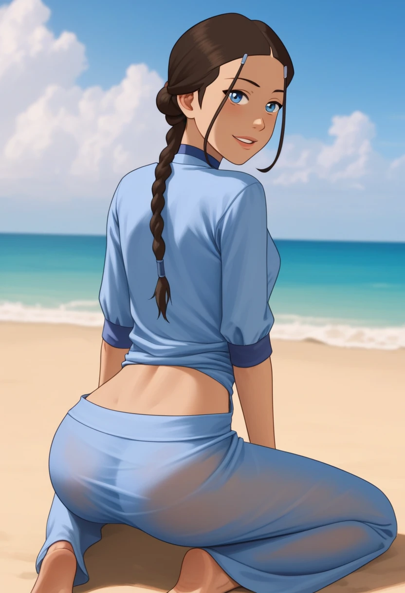 score_9_up, score_8_up, score_7_up, 1girl, solo, mature female, ((Katara)), Latin skin color, brown braided hair, blue eyes, pink lips, parted lips, fit slim body, ((perfect medium erected breast)), (((blue beach tunic, blue choker))), (((Iceland beach))), perfect model body, wide hips, naughty smile, standing on all fours and showing her ass, pulled up tunic,((( blue transparent underpants))), (((from behind))), seductive pose