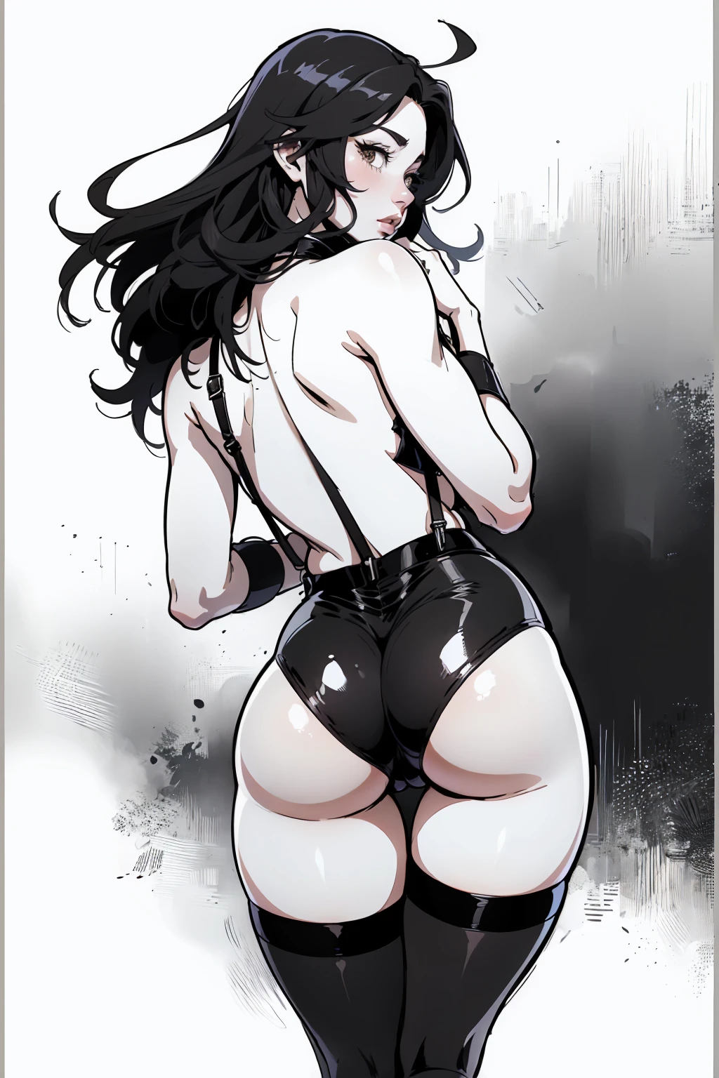 Anime, Best quality, Funny , 8 thousand., stockings with suspenders, woman, Medium breasts, drawing of a woman in black and white lingerie, Thick black line, high resolution commission, back and white, Толстый line drawing, with backlight, cute sexy butts, thick outline, 2 years, 2 years, Hands behind your back, body pose! , realistic perfect body with shading, black and white manga style, average, Sketch on paper 