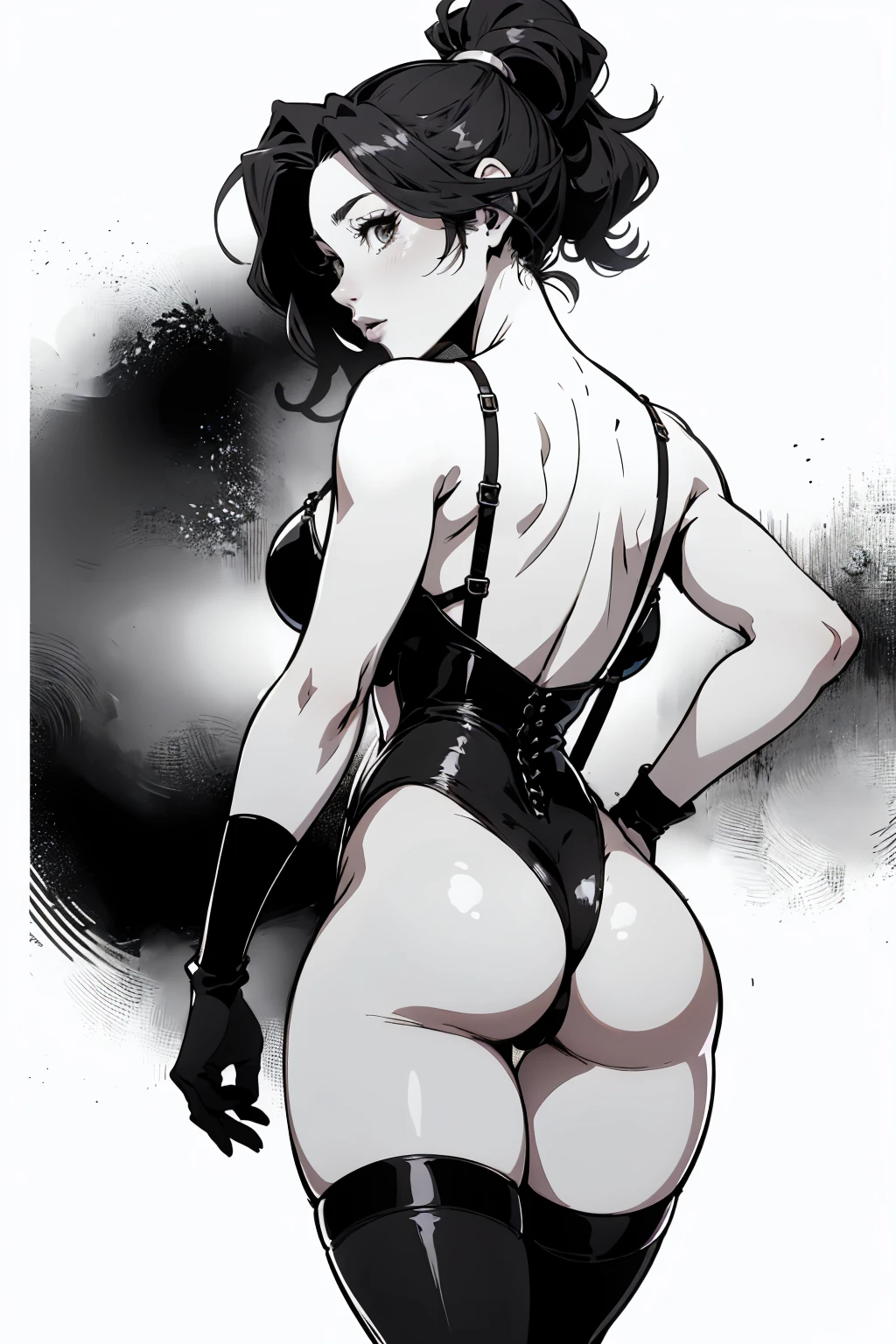 Anime, Best quality, Funny , 8 thousand., stockings with suspenders, woman, Medium breasts, drawing of a woman in black and white lingerie, Thick black line, high resolution commission, back and white, Толстый line drawing, with backlight, cute sexy butts, thick outline, 2 years, 2 years, Hands behind your back, body pose! , realistic perfect body with shading, black and white manga style, average, Sketch on paper
