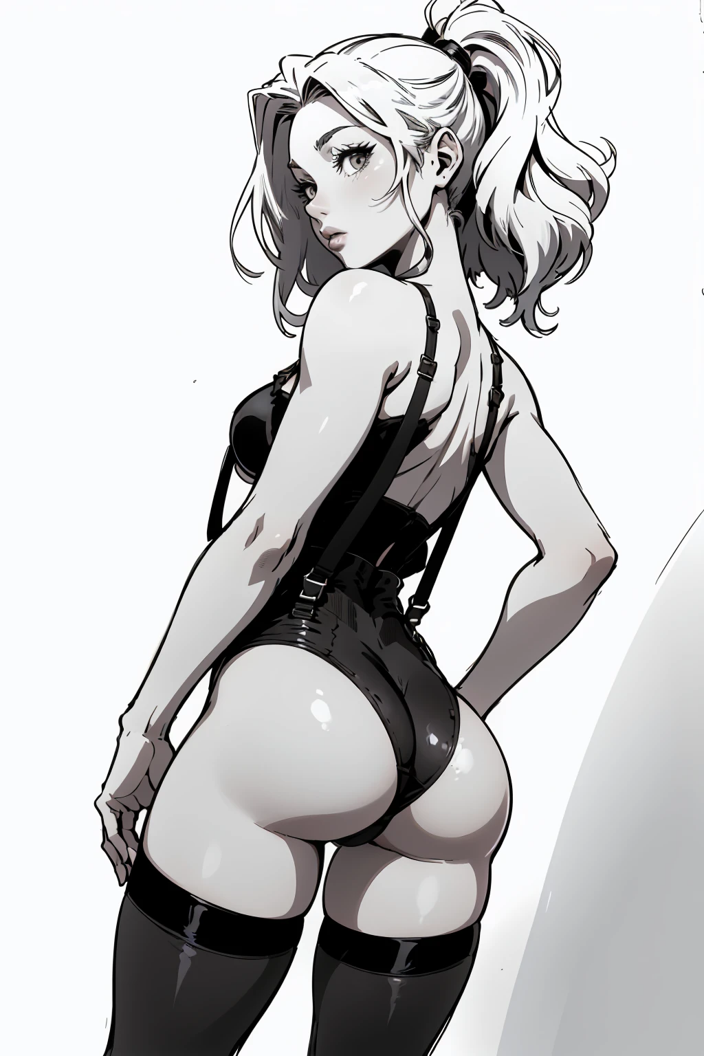 Anime, Best quality, Funny , 8 thousand., stockings with suspenders, woman, Medium breasts, drawing of a woman in black and white lingerie, Thick black line, high resolution commission, back and white, Толстый line drawing, with backlight, cute sexy butts, thick outline, 2 years, 2 years, Hands behind your back, body pose! , realistic perfect body with shading, black and white manga style, average, Sketch on paper 