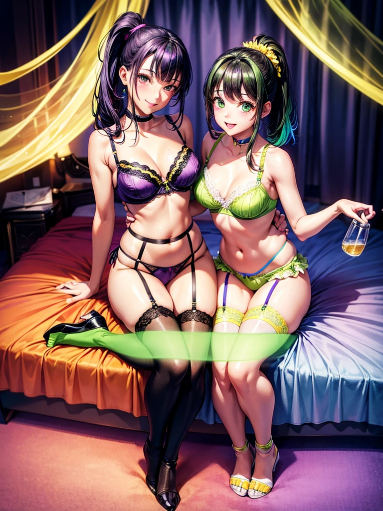 Highest quality,Highest Resolution,4K quality,Smiling beautiful girl,Full body close-up,Drink a glass of water,,Yellow-green eyes,Black hair ponytail,,Iridescent Bra,Iridescent underwear,High leg,Rainbow garter belt,Rainbow colored knee-high stockings,Dark bedroom at night,Purple bedding,Iridescent underwear,Standing posture,
