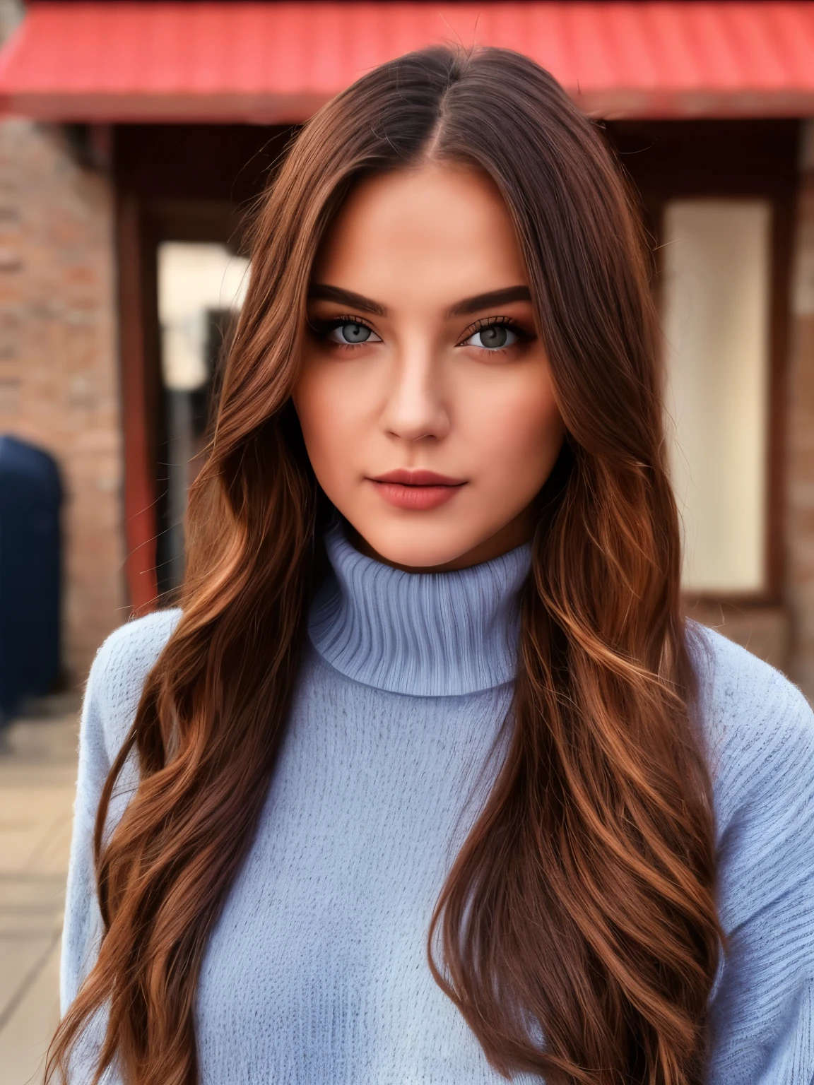 photo of a stunning girl, wear an autumn jumper, long hair on one side, looks at the camera, symmetrical eyes, symmetrical face, Photorealistic, photo, path tracing, mirror lighting, volumetric light for face, path of drawn hair, visible shadows, difficult, Develop