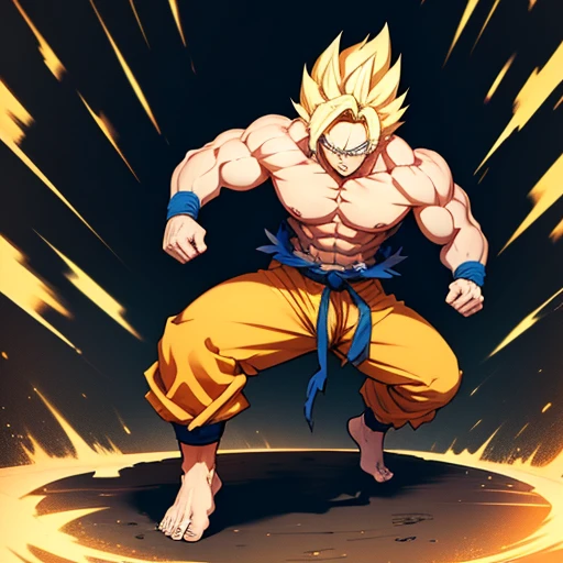 A detailed anime-style drawing of Son Goku as a Super Saiyan. blond hair, Big muscles, Bodybuilder body, Bare torso, barefoot, sole of the foot, Toes. tense biceps, torn pants, dynamic fighting pose