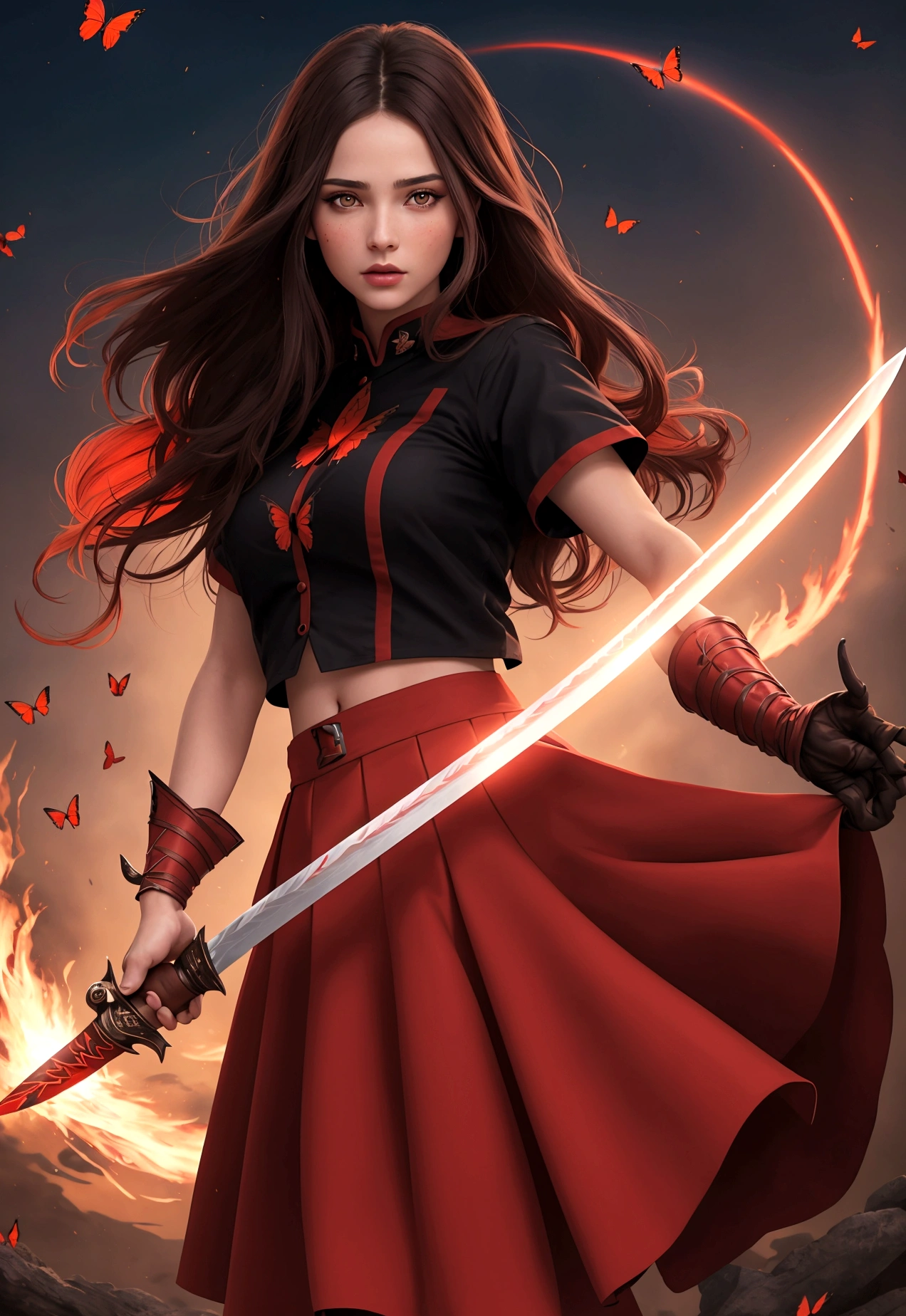 a beautiful brunette girl, face perfect, work of art, ultra high resolution, high qualiy, 4K, olhos rots como fogo, cabelos rots escuro, rot, red butterfly, Buffalo, sharp sword, Tuuli, wind, rot, red long circle skirt,