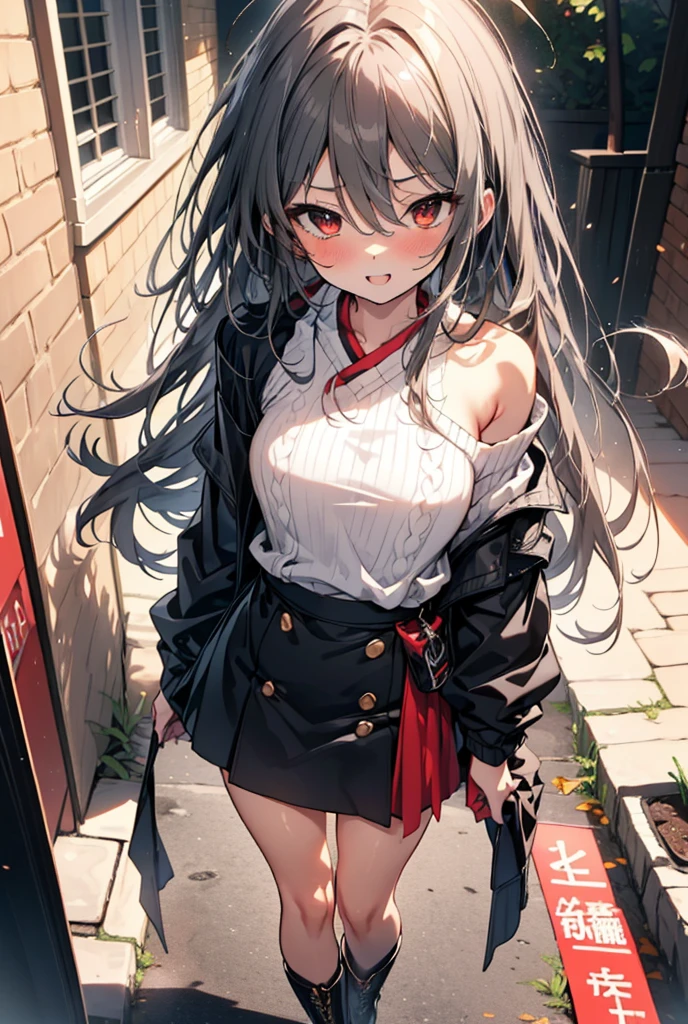 Shana,灼眼のShana,Long Hair, Redhead, Red eyes,Ahoge,happy smile, smile, Open your mouth,Oversized red one-shoulder sweater,black long skirt,short boots,Daytime,sunny,Walking,whole bodyがイラストに入るように, break outdoors, Building district, break looking at viewer, whole body, break (masterpiece:1.2), Highest quality, High resolution, unity 8k wallpaper, (shape:0.8), (Beautiful attention to detail:1.6), Highly detailed face, Perfect lighting, Highly detailed CG, (Perfect hands, Perfect Anatomy),