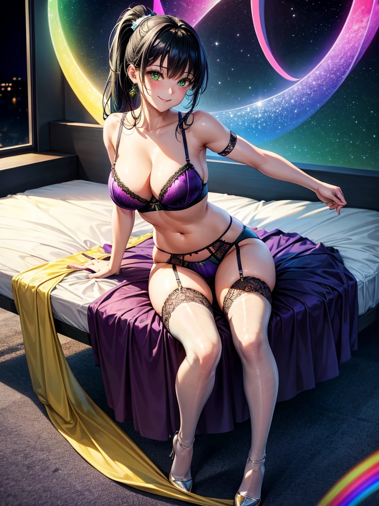 Highest quality,Highest Resolution,4K quality,Smiling beautiful girl,Full body close-up,Drink a glass of water,,Yellow-green eyes,Black hair ponytail,,Iridescent Bra,Iridescent underwear,High leg,Rainbow garter belt,Rainbow colored knee-high stockings,Dark bedroom at night,Purple bedding,Iridescent underwear,Standing posture,
