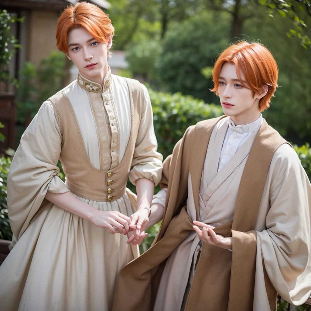 One fantasy prince orange hair and victorian beige clothes green eyes delicate 