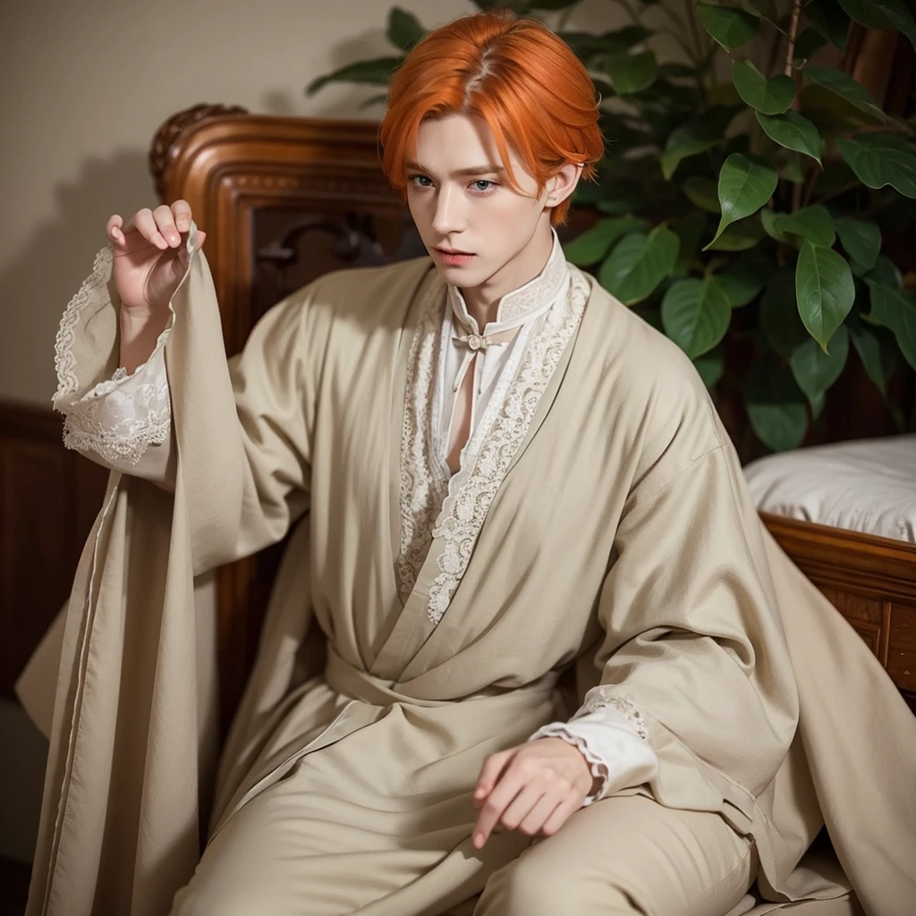 One fantasy prince orange hair and victorian beige clothes green eyes delicate