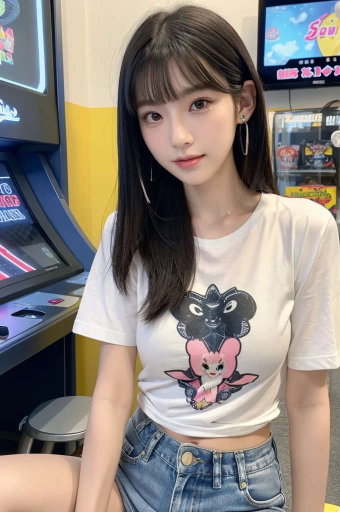 Game center, professional gamer, ((full body)), ((photo)), ((best qualtiy, 8K, tmasterpiece: 1.3)), Focus: 1.2, perfect figure beautiful girl: 1.4, 1girl, cowboy shot, look at viewer, eyes facing the camera, incredibly absurd, beautiful and cute girl with a photorealistic face, showcasing top-quality craftsmanship, A Japanese girl playing games at an arcade, , with a bob cut, silky black hair, bangs cut at an angle to reveal her right eye, large eyes, a soft smile, tanned skin, thin and well-formed eyebrows, straight nose with a rounded tip, thin lips but a healthy, natural pink colour, small ears with pierced ears, a slender neck with a sharp jawline, a small face with well-formed facial features, fair, fine, translucent skin, long eyelashes that make the eye makeup stand out, eyes that are powerful but also kind, Well-aligned, white teeth, healthy, shiny skin and hair, friendly expression, , slender, well-balanced proportions, good posture, beautiful C-cup breasts, white character T-shirt, blue denim jacket, yellow shorts, white sneakers, silver earrings, tote bag with game character illustration printed on it, beautiful girl, moe, devilish type, sociable and easy to talk to, values teamwork, curious and adventurous, has a sense of humor, July