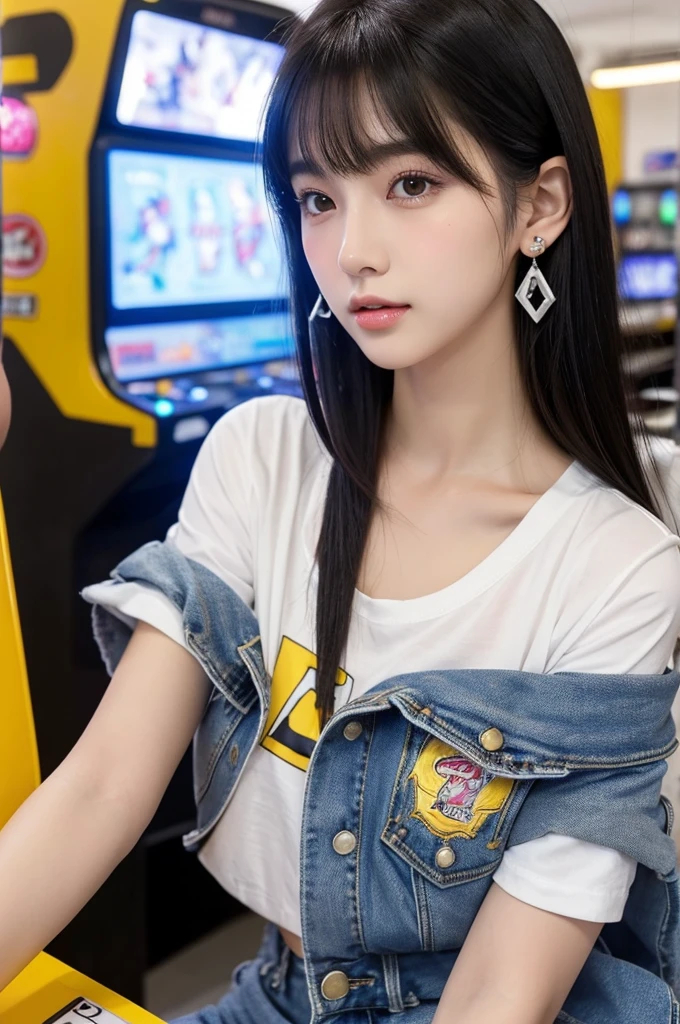 Game center, professional gamer, ((full body)), ((photo)), ((best qualtiy, 8K, tmasterpiece: 1.3)), Focus: 1.2, perfect figure beautiful girl: 1.4, 1girl, cowboy shot, look at viewer, eyes facing the camera, incredibly absurd, beautiful and cute girl with a photorealistic face, showcasing top-quality craftsmanship, A Japanese girl playing games at an arcade, , with a bob cut, silky black hair, bangs cut at an angle to reveal her right eye, large eyes, a soft smile, tanned skin, thin and well-formed eyebrows, straight nose with a rounded tip, thin lips but a healthy, natural pink colour, small ears with pierced ears, a slender neck with a sharp jawline, a small face with well-formed facial features, fair, fine, translucent skin, long eyelashes that make the eye makeup stand out, eyes that are powerful but also kind, Well-aligned, white teeth, healthy, shiny skin and hair, friendly expression, , slender, well-balanced proportions, good posture, beautiful C-cup breasts, white character T-shirt, blue denim jacket, yellow shorts, white sneakers, silver earrings, tote bag with game character illustration printed on it, beautiful girl, moe, devilish type, sociable and easy to talk to, values ​​teamwork, curious and adventurous, has a sense of humor, July