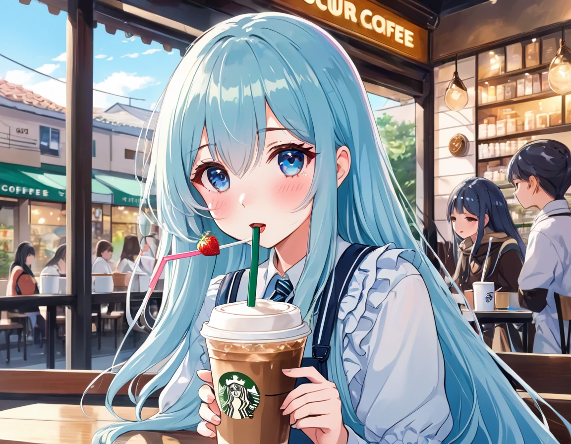 Anime Girls drinking starbucks coffee with a straw in her hand, Light blue long hair、ツインテールのAnime Girls cute Anime Girls, Beautiful anime school girl, (Anime Girls), Cute girl anime visuals, Mysterious Coffee Shop Girl, young Anime Girls, Beautiful anime art style, Anime illustration, beautiful Anime Girls, Drink strawberry iced latte