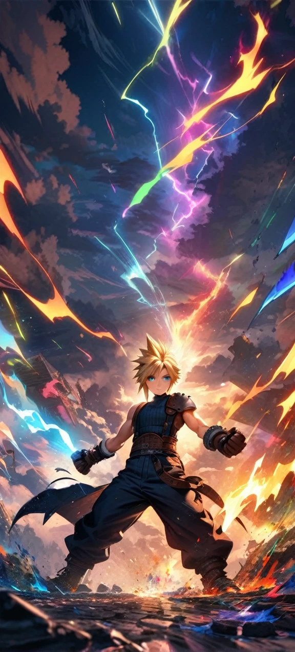 Symetrical,absurdres, highres, ultra detailed, HDR, masterpiece, extremely detailed face and eyes, Cloud Strife,final fantasy 7, yellow hair , , solo, man, handsome, ,, , Epic fight scene, colorful lightning effect, glowing glitters, colorful splashing effect, colorful flames, 