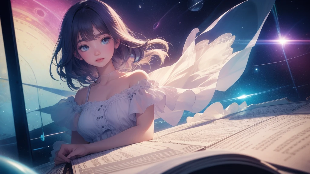 absurd, high resolution, Ultra Detailed, (1 girl : 1.3), BREAK sheet music, analog photography, bright colors, Soft Focus, Light Leakage, Dreamy atmosphere, experimental charm, Nostalgic moodBREAKColor field painting, large area of color, abstract expressionism, bold shades, emotional impact, Atmospheric depth, Minimalist approachBREAK , space exploration, Celestial Bodies, Astronomical phenomena, scientific discovery, miracle'another world, a beautiful girl, Ultra high quality (Super detailed) Spectators wearing hip-hop style streetwear, different, Colorful,  bob cut,Bangs, Dark hair color 🌈