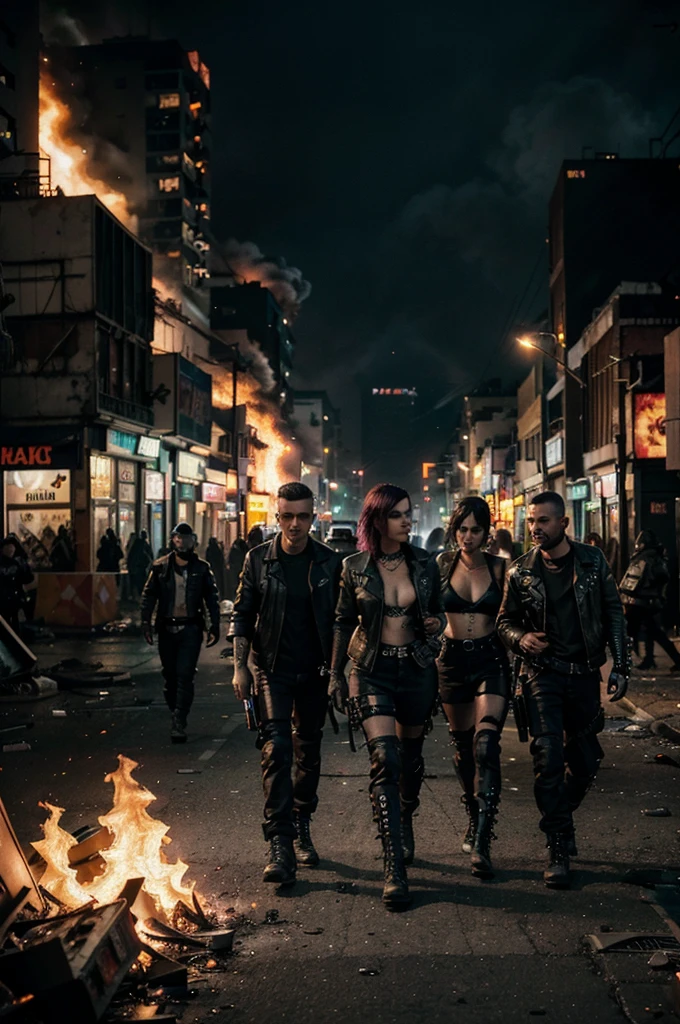 A group of punk rebels in the middle of a riot in a cyberpunk suburb with cars destroyed in flames and shops on fire, many rebels have in their hands Molotov cocktails set fire and futuristic weapons in a dark dystopian cyberpunk future where anarchy and crime reign in a metropolis, an image of the highest quality and rendered with photorealism like that of a reflex camera.