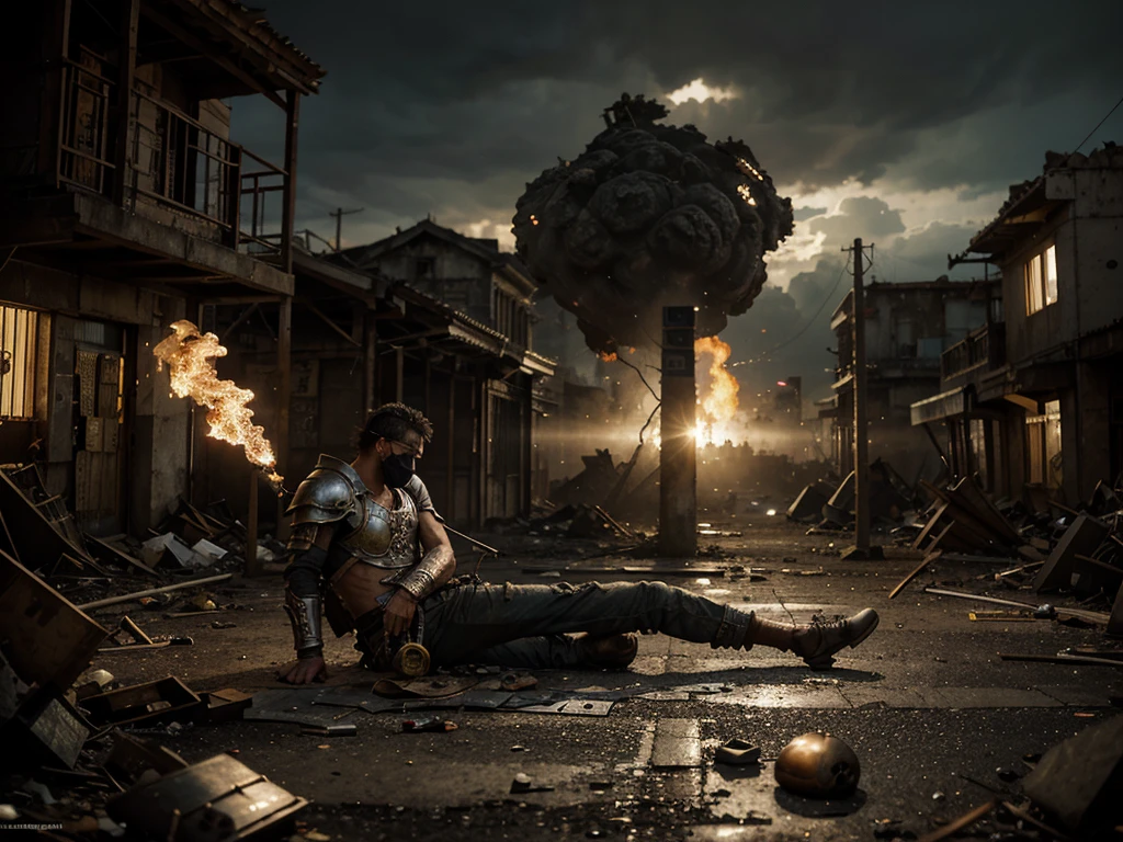Create a hyper-realistic and cinematic image of fighting in a real kingdom abandoned at night, with drizzle and gloomy atmosphere. The scene is ultra HD, 8K, with high real fur, hyper detailed, 4K quality, studio lighting, ultra-fine painting, sharp focus and physical rendering. the main character, Little, he is an athletic boy, african warrior, with a pretentious smile, sweaty, brawny, with worn-out Santos FC armor, Pants and boots with ankle wraps, segurando uma espada enbloodstainsntada, riding in intense action. He passes between Roman marble statues of Neymar, Skin, Rodrigo, JP Chermont, Paulo Robson, Young, Leo and Zito. The background shows a war scene with the São Paulo mascot fallen and out of focus, with a Santos flag on the side. The setting includes a post-apocalyptic city in ruins, skulls, soccer balls on the ground, Large ancient cities burning in the background, chuva pesada, polluted environment, skull masks, bloodstains, Tornado, empty chairs, tangled roots, chave, misshaped, mutilated, ethereal, glass and debris, particle effects, high-quality shadows, Epic explosions, fire, Sparks and smoke. Artistic style influenced by Mathias Kollros, Darek Zabrocki, Jean-Baptiste Monge, ismail inceoglu, Vadim Kashin, Greg Rutkowski, with steampunk and demonpunk elements, disturbing surrealism, HDR, cel-shaded and ray tracing.