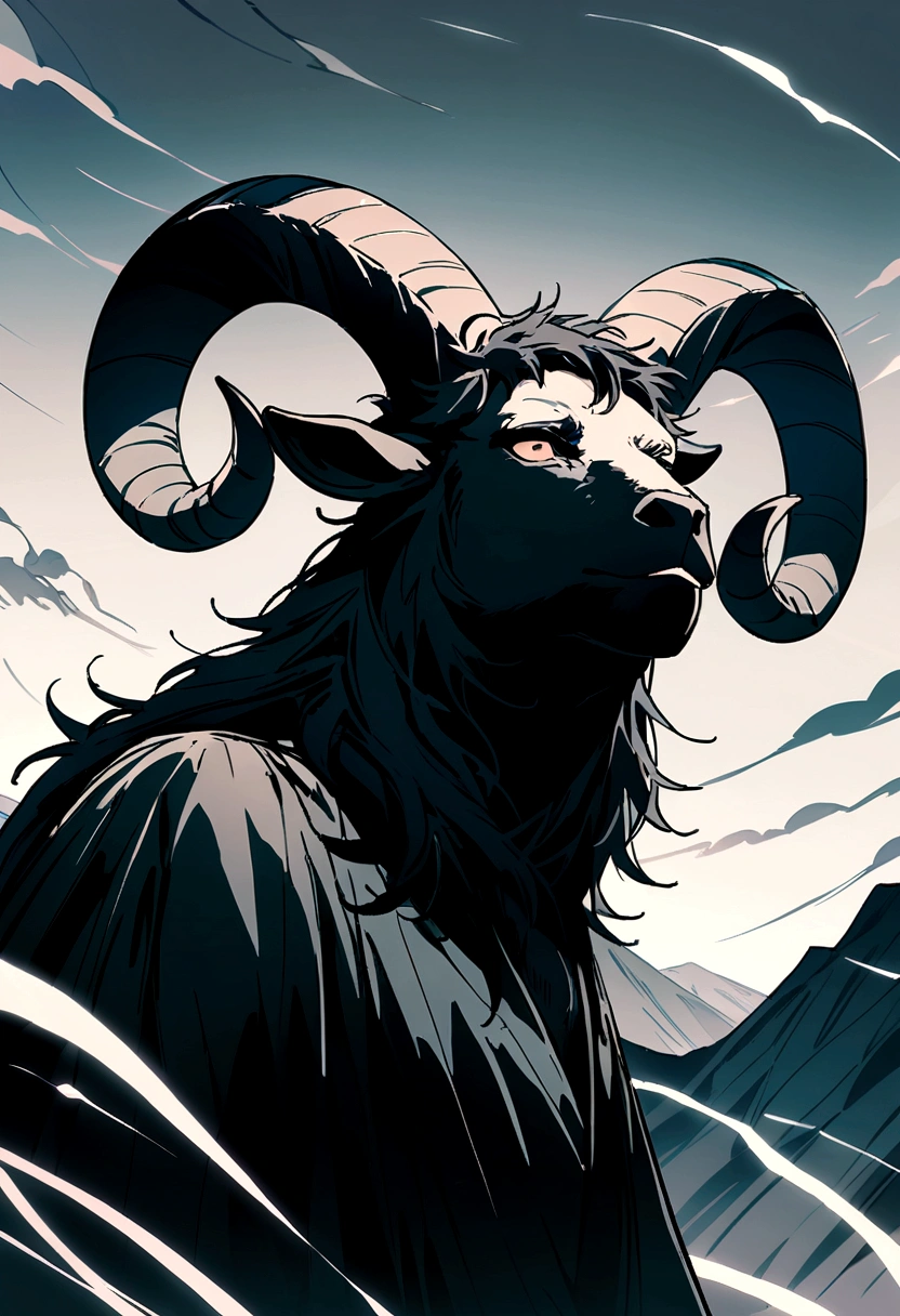 A man wearing a black goat head. Goat face. Black goat hair. Goat. Goats wear goat wool. The goat's body is black. The mythical man thickens and protects the mountains. His body is covered with thick, black goat hair