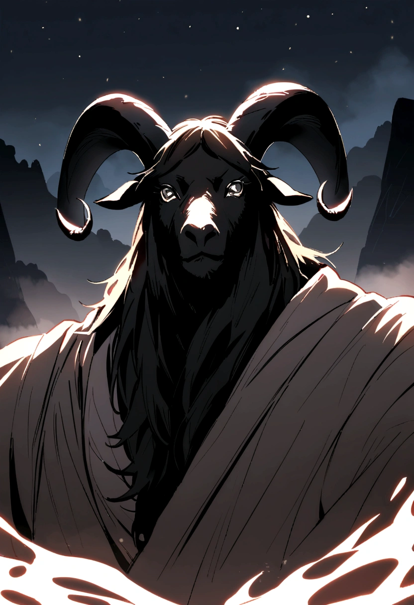 A man wearing a black goat head. Goat face. Black goat hair. Goat. Goats wear goat wool. The goat's body is black. The mythical man thickens and protects the mountains. His body is covered with thick, black goat hair