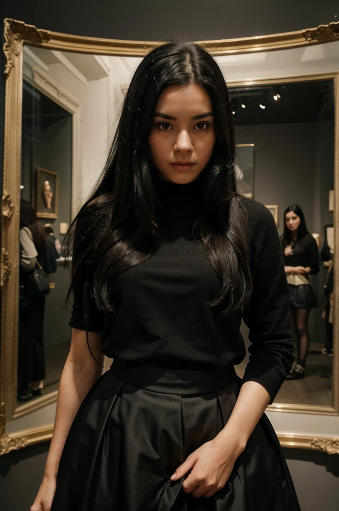 Best quality photo of a girl with long black hair wearing pretty shit with a black skirt in a museum