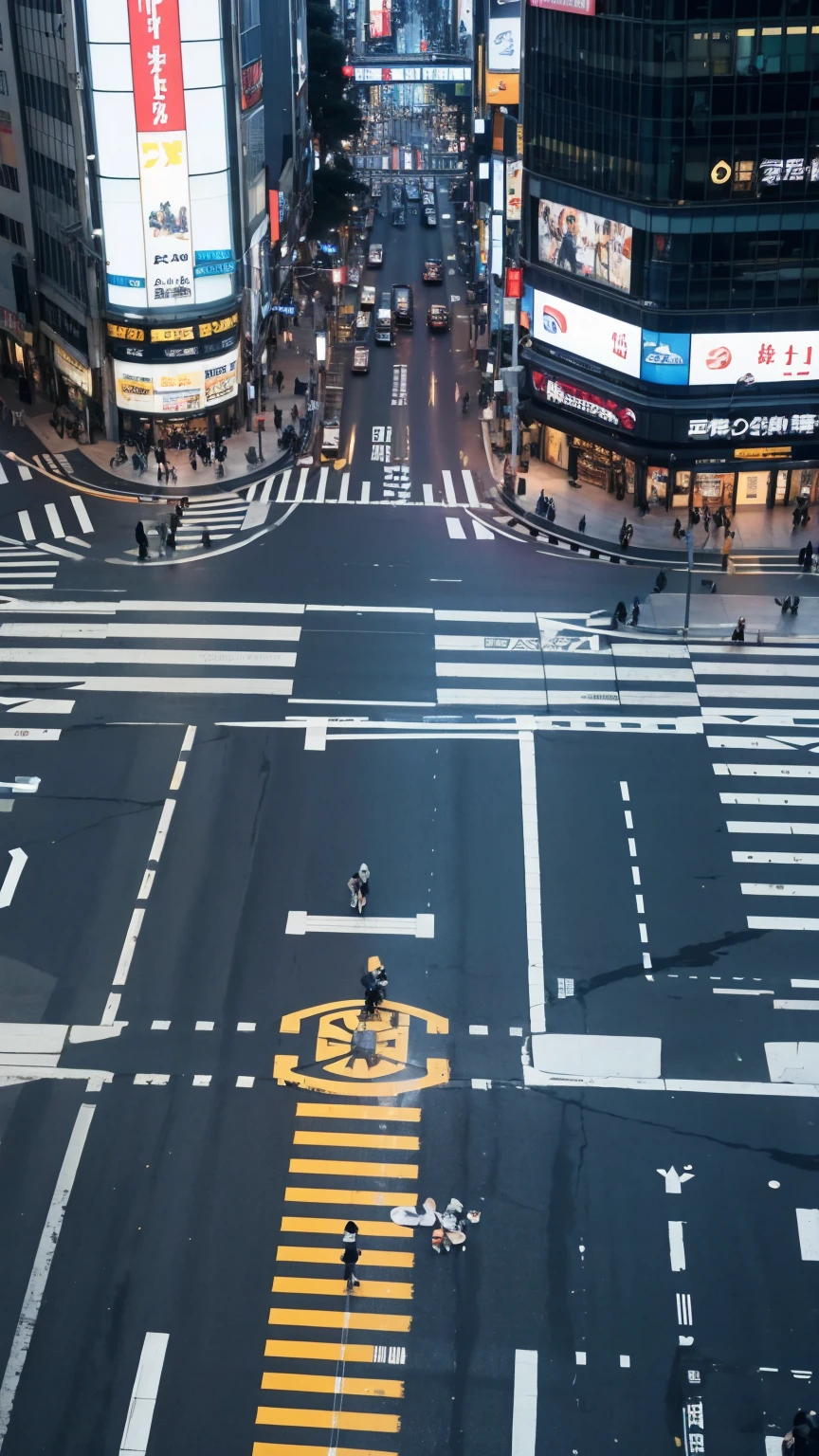Shibuya Scramble Crossing、Composition seen from above、people々Looks small、沢山のpeopleが一斉に横断歩道を渡る、