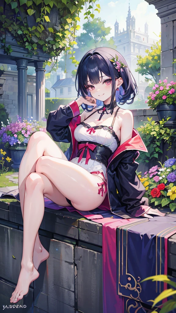 a one woman, With a malicious smile, wearing a pajama outfit, wearing a neckline, breasts big, big-ass, sitting, on a small wall, (background of a garden with flowers), character chart, column lineup, first-person view, high quality, HD, best quality.