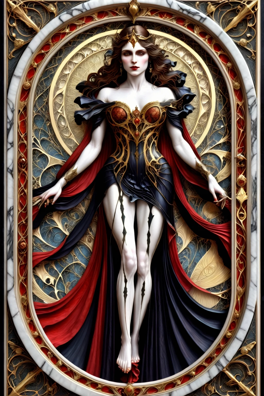 a beautiful illustration of a very muscular vampire girl in an abstract marble texture with a tarot style frame, with colors of obsidian black, shiny gold, and ruby red, highly detailed, intricate design, BY Anne Bachelier,