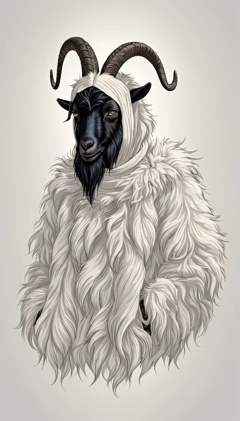 A man wearing a black goat head. Goat face. Black goat hair. Goat. Goats wear goat wool. The goat's body is black. The mythical man thickens and protects the mountains. His body is covered with thick, black goat hair
