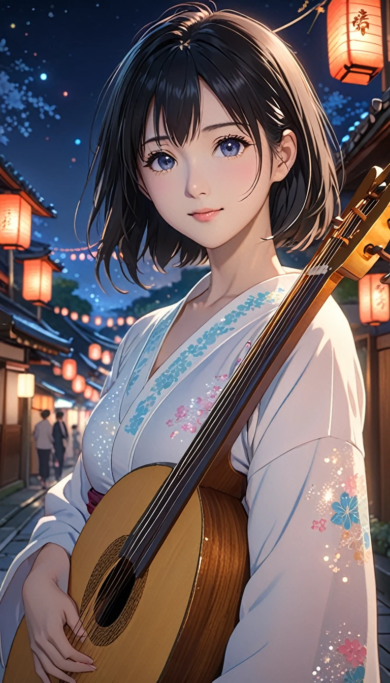 National Science Foundation,masterpiece,High resolution,8K,art,refer,Kyoto Animation Style,Your Name movie style,Look towards the camera,To the camera,night,真night中,Soft Light,(1 female: 1.3),(alone: 1.4),流れるような太いBlack Hair,Glittery Lute's evening dress,Woman in Uniform,(((Sailor suit))),(((High School Uniform))),(((Navy Blue Skirt))),(((Sailor suitのリボンは赤い色))),(((Skirt that is 3cm above the knee))),Crystal Hairpin,Long eyelashes,Thin legs,(((Black Hair))),(((Long Bob)))(((Medium Hair))),美しいBlack Hair,光沢のあるBlack Hair,Glowing Skin,Feminine poses,Sexy pose,close of upper body,close,Close-up,nightの星空,Eyes as deep as the starry sky,(((Pale blue eyes))),(((Moist eyes))),Blushed,shy,Smile shyly,Open your mouth a little and smile a little,mystery的な,mystery,Woman as beautiful as an angel,